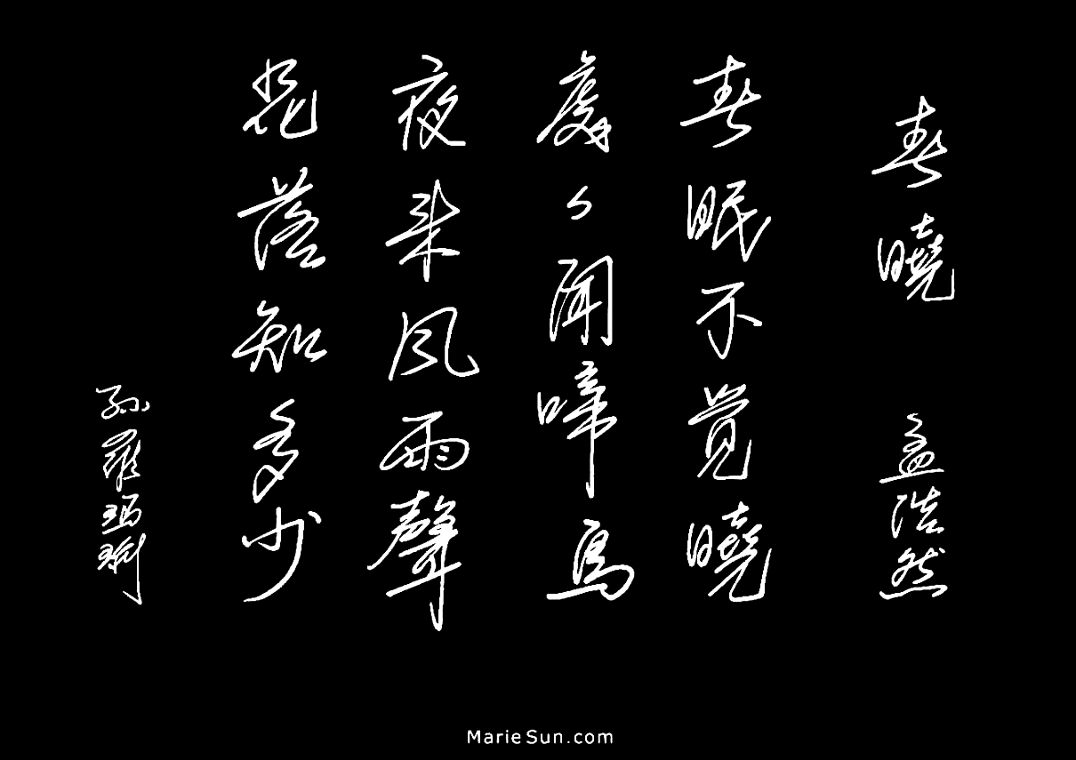 Tang poems Spring Dawn calligraphy, poet Meng Haoren, English translation at mariesun.com,   The Beauty of Tang Poems and Chinese Calligraphy 唐诗与中国篆字书法之美
孟浩然 春晓 春眠不觉晓 处处闻啼鸟 夜来风雨声 花落知多少,  春晓 书法 